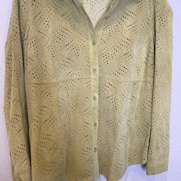 Co & Eddy Light Green Suede Eyelet Button Down Collared Shirt Sz 6 Leather - Picture 2 of 14